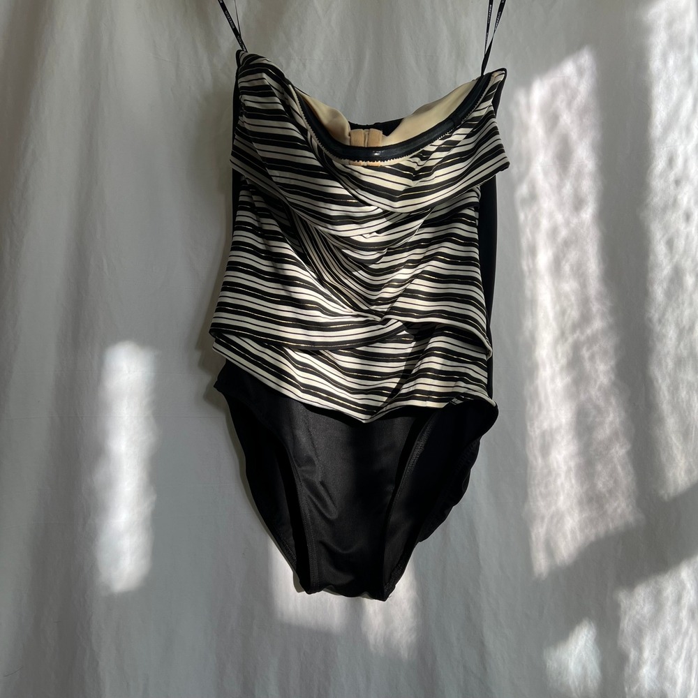 Miraclesuit Strapless One-Piece Swimsuit Black White & Gold Stripe | Size 12